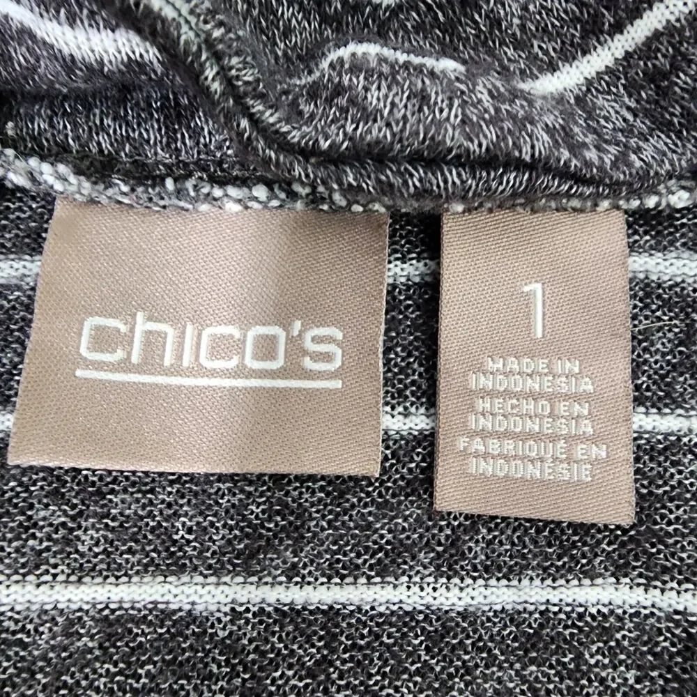 Chicos Tunic Top Womens Size 1 Medium Gray Striped Cowl Neck Long Sleeve Rayon